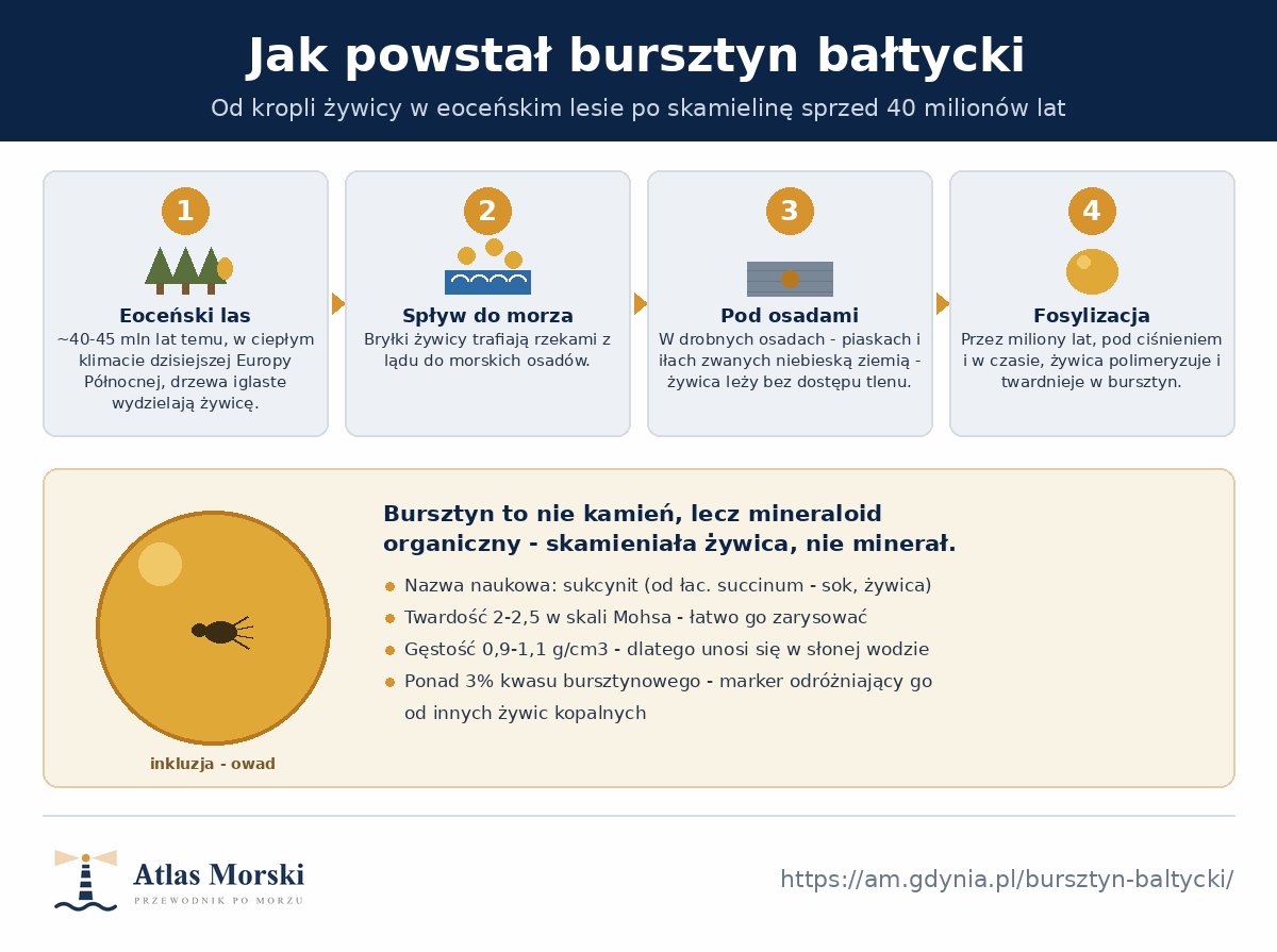 Cztery etapy powstawania bursztynu bałtyckiego - eoceński las drzew iglastych wydzielających żywicę, spływ rzekami do morza, osadzanie w niebieskiej ziemi bez dostępu tlenu i fosylizacja w sukcynit