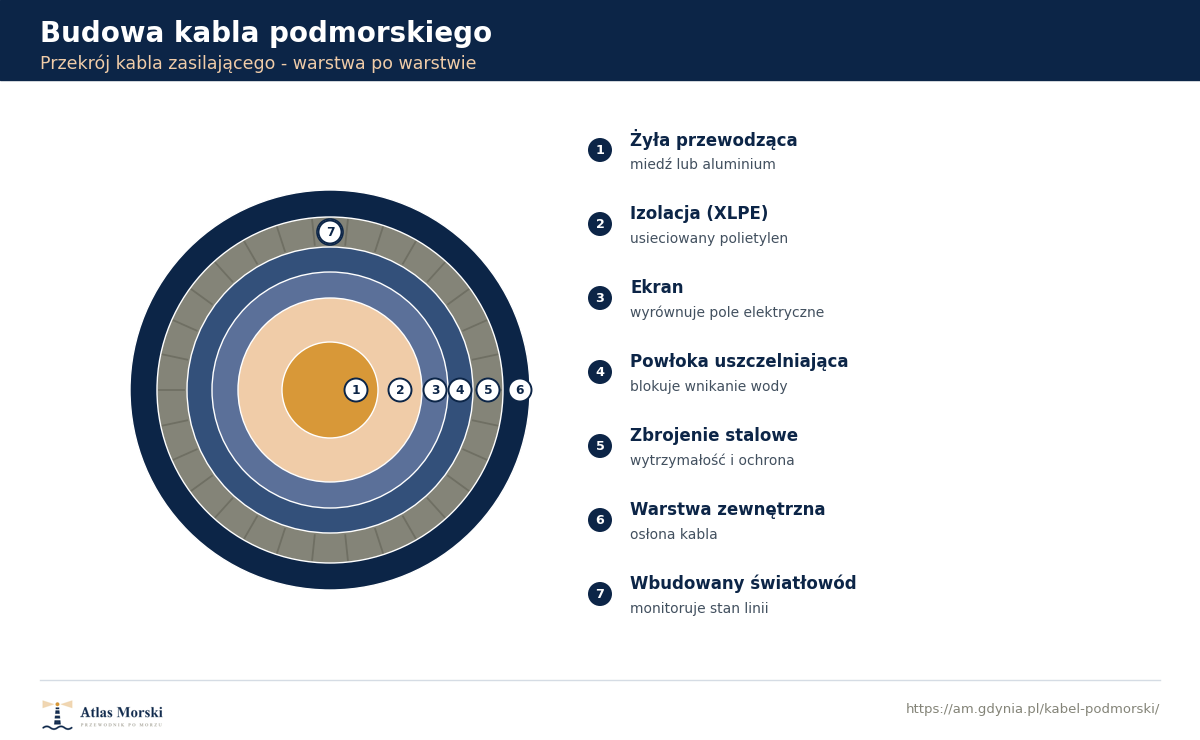 Przekrój kabla podmorskiego z opisanymi warstwami: żyła przewodząca, izolacja XLPE, ekran, powłoka uszczelniająca, zbrojenie stalowe, warstwa zewnętrzna oraz wbudowany światłowód