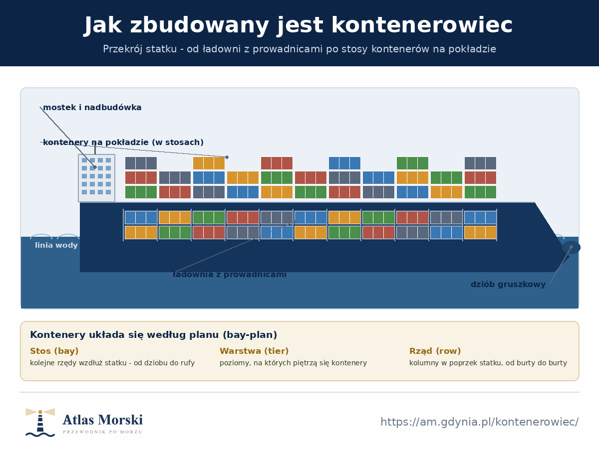 Przekrój kontenerowca - mostek i nadbudówka na rufie, kontenery w ładowniach z prowadnicami pod pokładem oraz w stosach na pokładzie, dziób gruszkowy i linia wody