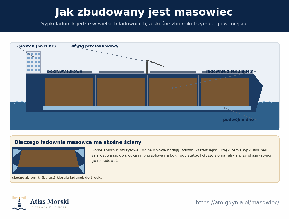 Przekrój masowca - mostek na rufie, dźwig przeładunkowy, ładownie z sypkim ładunkiem zamykane pokrywami lukowymi, podwójne dno oraz przekrój poprzeczny pokazujący skośne zbiorniki nadające ładowni kształt lejka