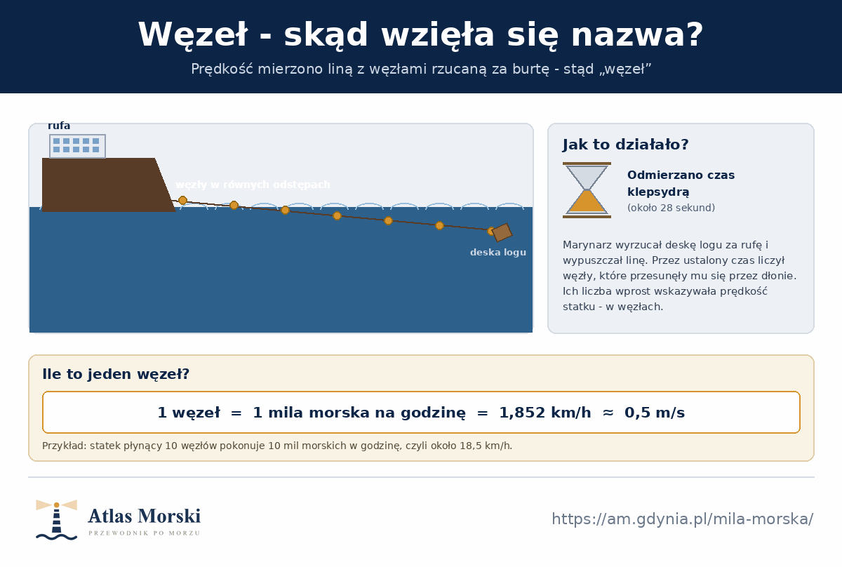 Historyczny sposób pomiaru prędkości statku - deska logu na linie z węzłami rzucana za rufę, klepsydra odmierzająca około 28 sekund oraz przelicznik jeden węzeł to 1,852 km na godzinę
