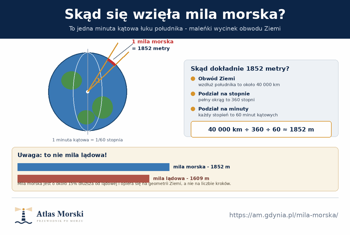 Kula Ziemi z zaznaczoną jedną minutą kątową łuku południka odpowiadającą mili morskiej, wzór 40000 km podzielone przez 360 i przez 60 daje 1852 metry, oraz porównanie mili morskiej i lądowej