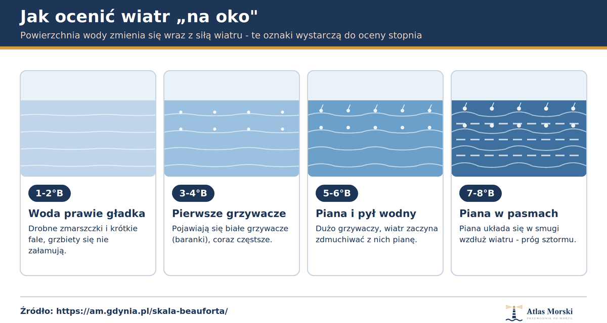 Infografika: jak ocenić siłę wiatru na oko - cztery stany powierzchni wody od gładkiej przy 1-2 stopniach, przez pierwsze białe grzywacze przy 3-4, liczne grzywacze i zdmuchiwaną pianę przy 5-6, po pianę układającą się w pasma przy 7-8 stopniach