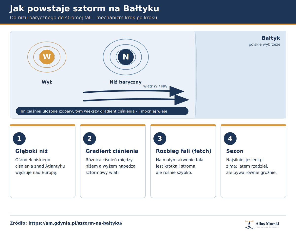 Infografika: jak powstaje sztorm na Bałtyku - głęboki niż baryczny znad Atlantyku, gradient ciśnienia między niżem a wyżem, rozbieg fali i sezon jesienno-zimowy